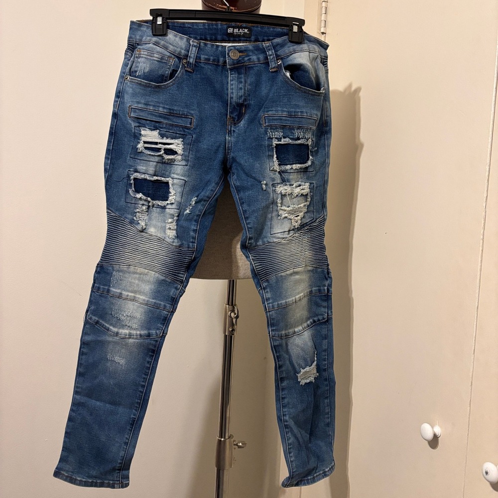 CJ Black Premium Skinny Flex Moto Distressed Jeans Blue 32x30 Ribbed Knee